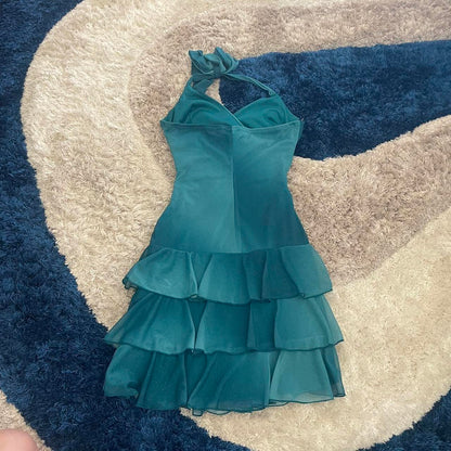 Süßes Glitzer-Neckholder-Kleid mit V-Ausschnitt, Rüschen, Mini, zum 16. Geburtstag, Heimkehrkleid P3706