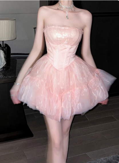 Süßes rosa Tüll-Geburtstagskleid Tüll-Puff-Heimkehrkleid P3720