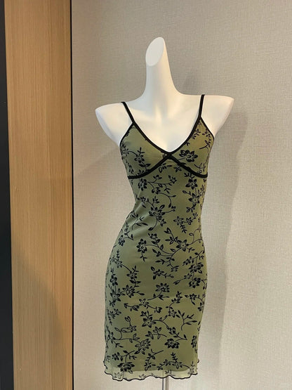 Retro Hosenträger Grün Blumenmuster Mesh Enganliegendes 17. Geburtstag Homecoming-Kleid P3726