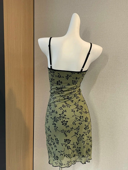 Retro Hosenträger Grün Blumenmuster Mesh Enganliegendes 17. Geburtstag Homecoming-Kleid P3726