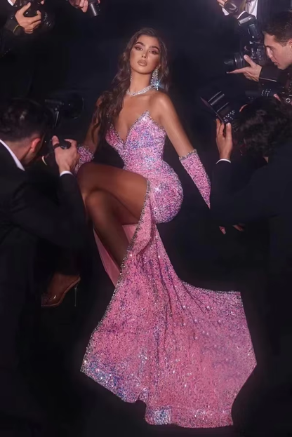 Wunderschönes pinkes ärmelloses Meerjungfrauen-Ballkleid mit Schlitz vorne und Glitzer für Geburtstags-Outfits P373