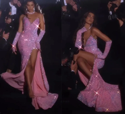 Wunderschönes pinkes ärmelloses Meerjungfrauen-Ballkleid mit Schlitz vorne und Glitzer für Geburtstags-Outfits P373