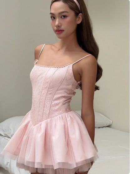 Süßes rückenfreies A-Linien-Kleid mit Schleife, flauschiges Spitzen-Geburtstagskleid, Abschlussballkleid P3733