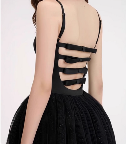 Süßes rückenfreies A-Linien-Kleid mit Schleife, flauschiges Spitzen-Geburtstagskleid, Abschlussballkleid P3733