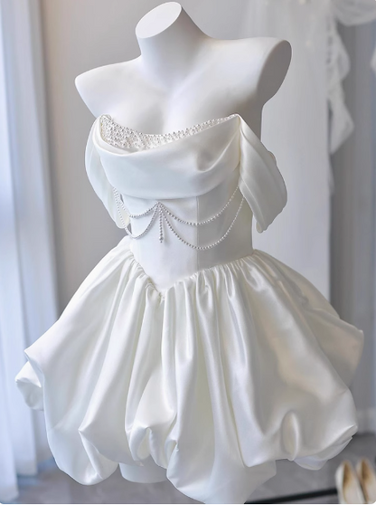 Elegantes Satin-Kleid mit One-Shoulder-Träger, kurzes Geburtstagskleid, Heimkehrkleid P3736