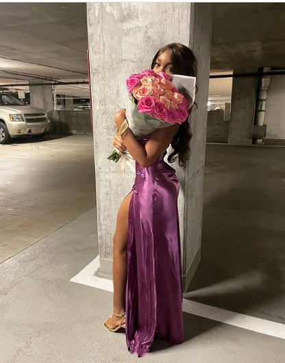 Wunderschönes pinkes Meerjungfrauen-Ballkleid mit Schlitz vorne für Geburtstagsoutfits P374