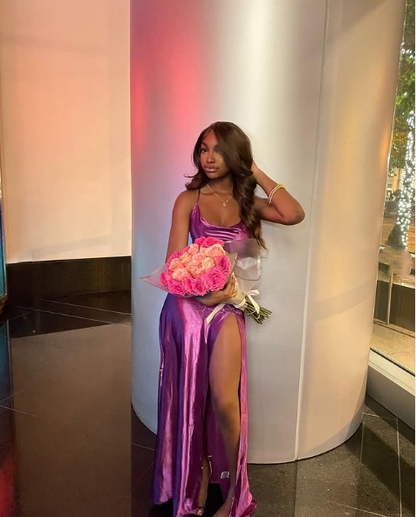 Wunderschönes pinkes Meerjungfrauen-Ballkleid mit Schlitz vorne für Geburtstagsoutfits P374
