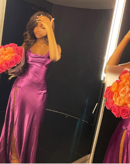 Wunderschönes pinkes Meerjungfrauen-Ballkleid mit Schlitz vorne für Geburtstagsoutfits P374