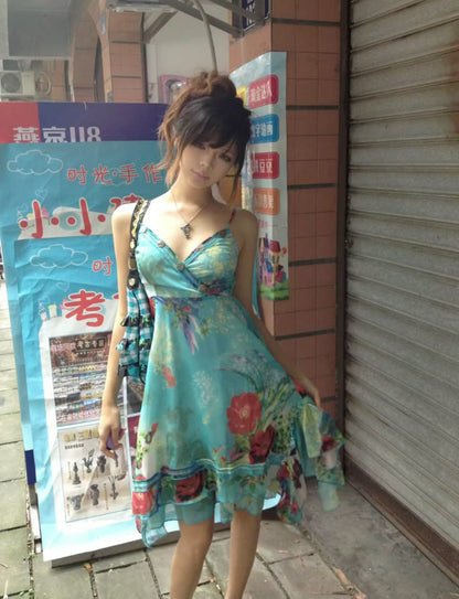 Vintage Chiffon Strapless Blue Print Homecoming Dress P3743