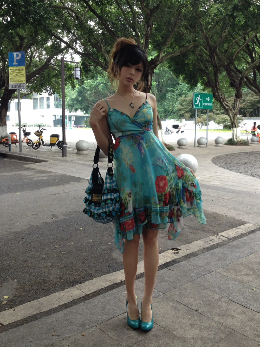 Vintage Chiffon Strapless Blue Print Homecoming Dress P3743