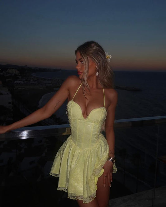 Cute Lace Halterneck Low-cut Light Yellow A-line 17th Birthday Homecoming Dress P3744