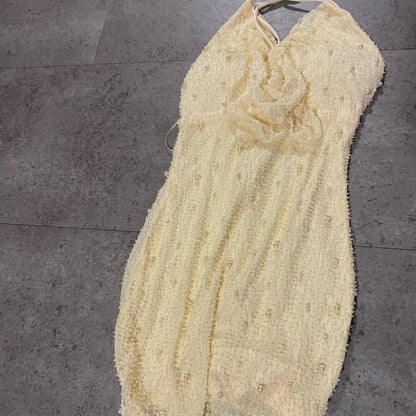 Elegantes ärmelloses Neckholder-Kurzkleid mit Perlen an der Taille, Geburtstagskleid, Heimkehrkleid P3747