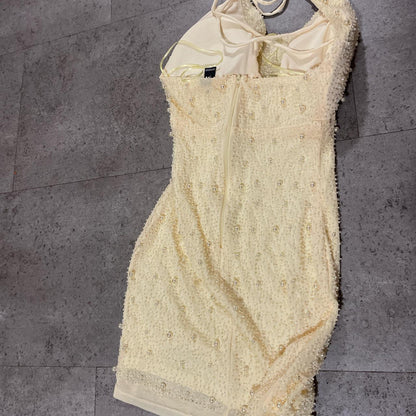 Elegantes ärmelloses Neckholder-Kurzkleid mit Perlen an der Taille, Geburtstagskleid, Heimkehrkleid P3747