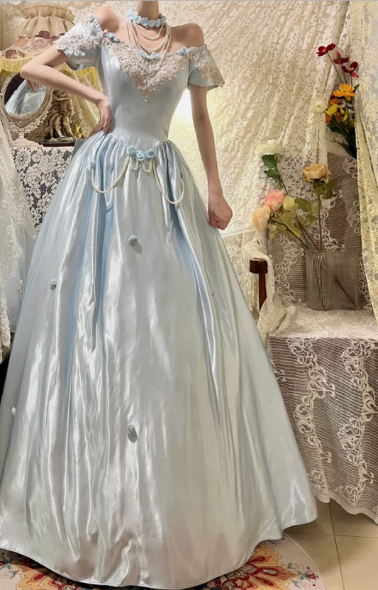 Princess Blue Satin 3D Rose Beaded A-Line Prom Dress P3755