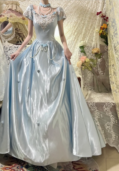 Prinzessin blaues Satin 3D Rosenperlen A-Linien-Ballkleid P3755