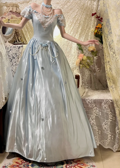 Prinzessin blaues Satin 3D Rosenperlen A-Linien-Ballkleid P3755