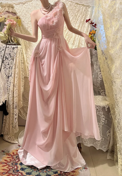Elegantes pinkfarbenes, schulterfreies, plissiertes Chiffon-Abendkleid mit 3D-Blumenmuster P3756