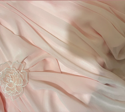 Elegantes pinkfarbenes, schulterfreies, plissiertes Chiffon-Abendkleid mit 3D-Blumenmuster P3756