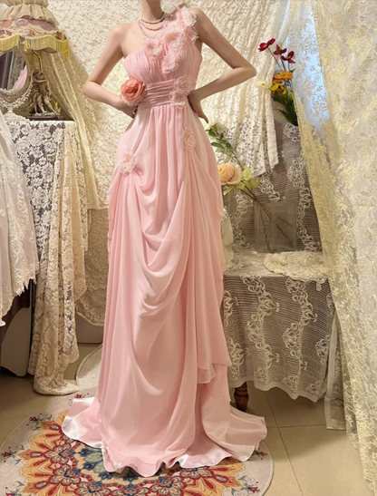 Elegantes pinkfarbenes, schulterfreies, plissiertes Chiffon-Abendkleid mit 3D-Blumenmuster P3756