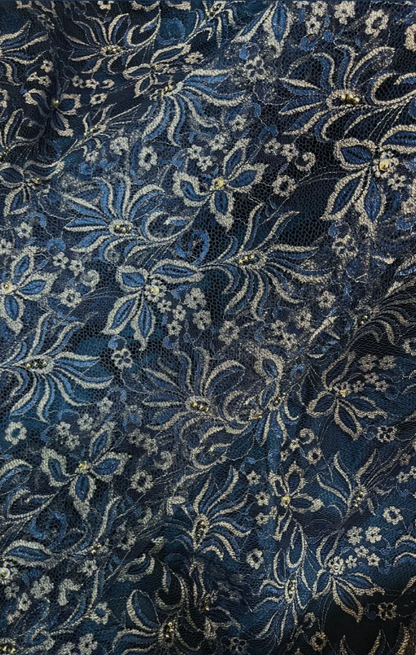 Vintage Marineblau Plissiertes Satin Spitzen Perlen Langes Ballkleid P3760