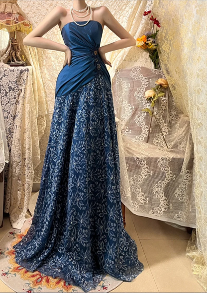 Vintage Marineblau Plissiertes Satin Spitzen Perlen Langes Ballkleid P3760