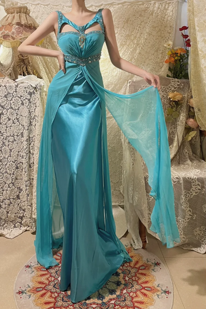 Vintage Seeblau Design Ausschnitt Perlenbesetztes Satin-Ballkleid P3763