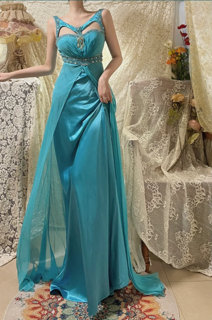 Vintage Seeblau Design Ausschnitt Perlenbesetztes Satin-Ballkleid P3763