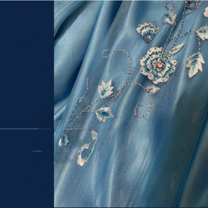 Vintage blaues Satin-Abendkleid mit Perlenstickerei, V-Ausschnitt, Meerjungfrauen-Stil, P3765