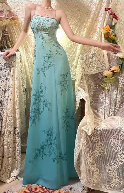 Elegantes, langes Ballkleid P3767 mit Farbverlauf in Blau und Ölmalerei-Perlenstickerei