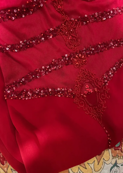 Atemberaubendes rotes, trägerloses Perlen-Chiffon-Meerjungfrau-Ballkleid P3771