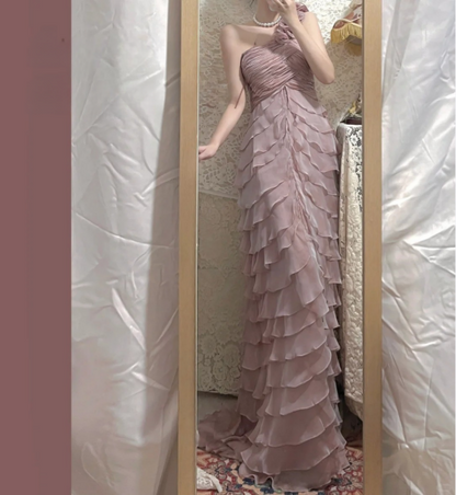 Zartrosa One-Shoulder 3D Blumen Chiffon Lagen Meerjungfrau Ballkleid P3772