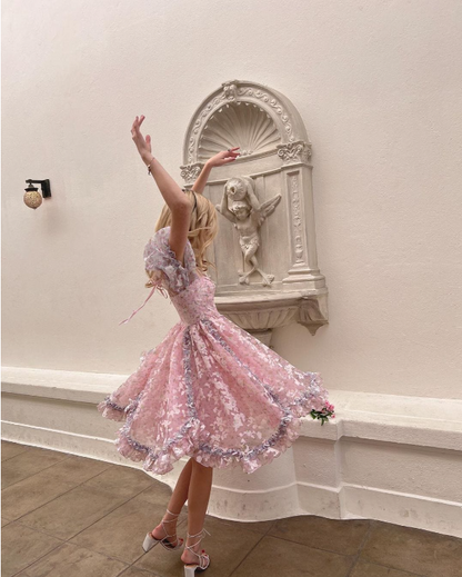 Prinzessin-Print Kurzarm Pink Tüll A-Linien Geburtstag Rock Abschlussballkleid P3775