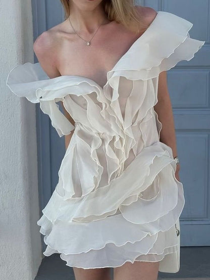 Fließendes Rüschenkleid mit tiefem V-Ausschnitt, weißes Geburtstagsrock-Heimkehrkleid P3776