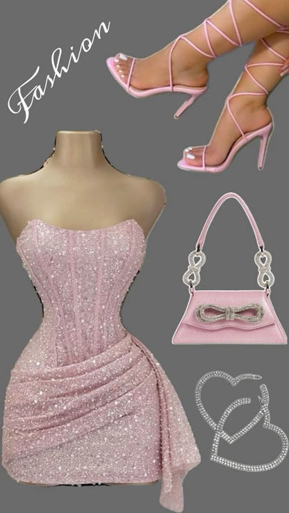 Cute Pink Sleeveless Sequined Slim Fit Hip 17th Birthday Homecoming Dress P3778