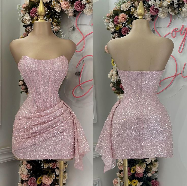 Cute Pink Sleeveless Sequined Slim Fit Hip 17th Birthday Homecoming Dress P3778