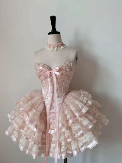 Prinzessin Herzförmiger Kragen Schleife Fischgrätenmuster Spitzenbesatz Flauschiges 17. Geburtstag Homecoming Kleid P3781