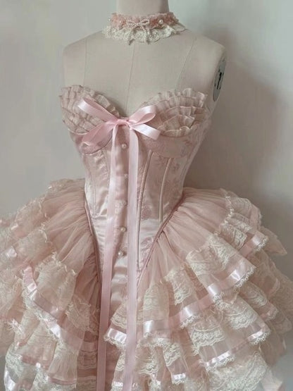 Prinzessin Herzförmiger Kragen Schleife Fischgrätenmuster Spitzenbesatz Flauschiges 17. Geburtstag Homecoming Kleid P3781