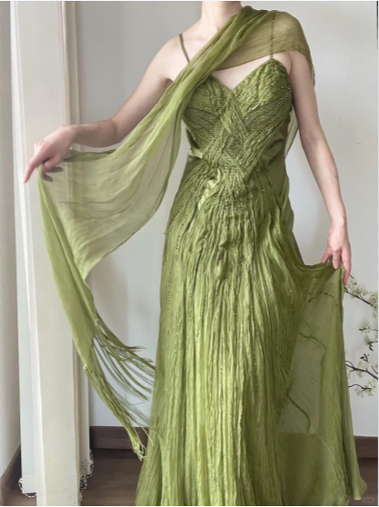 Flowy Green Strapless Pleated Satin Chiffon Long Prom Dress P3785