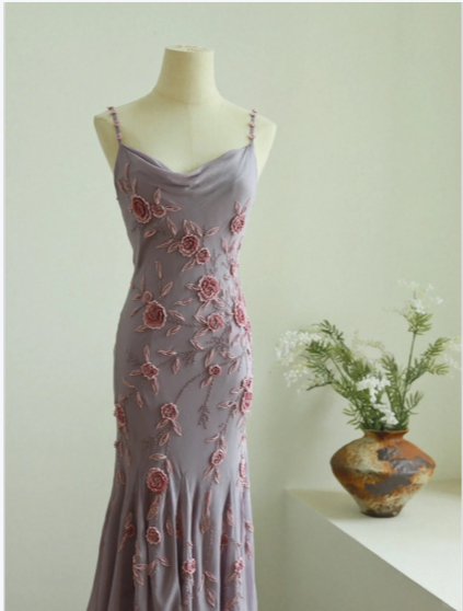 Elegant Swing Collar 3D Rose Strap Chiffon Mermaid Prom Dress P3786