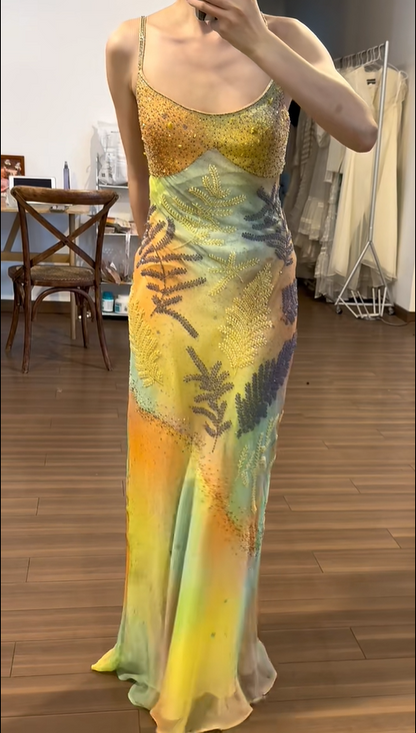 Vintage Trägerloses Ölgemälde Perlen Chiffon Langes Ballkleid P3790