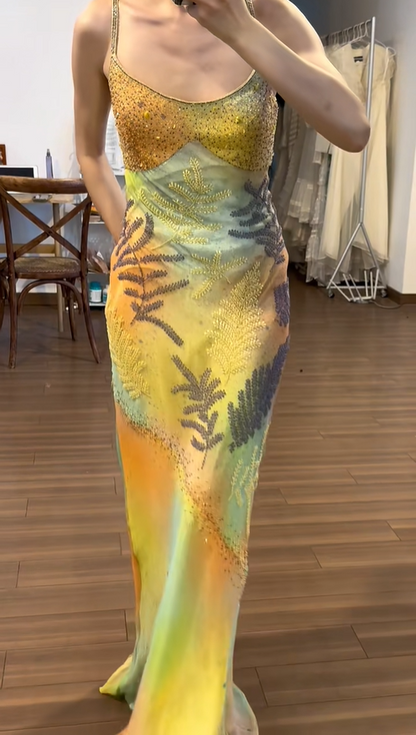 Vintage Trägerloses Ölgemälde Perlen Chiffon Langes Ballkleid P3790