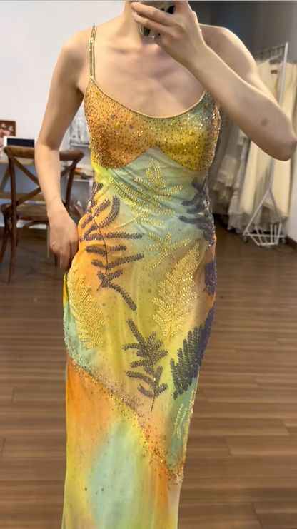 Vintage Trägerloses Ölgemälde Perlen Chiffon Langes Ballkleid P3790