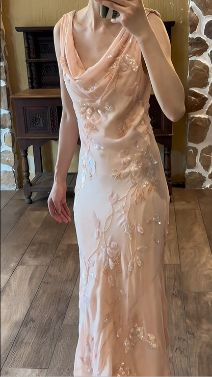 Süßes rosafarbenes, glitzerndes Pailletten-Swing-Neck-Chiffon-Ballkleid P3792