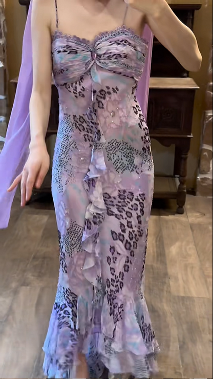 Reizendes lila, trägerloses Chiffon-Meerjungfrauen-Ballkleid mit Leopardenmuster P3793