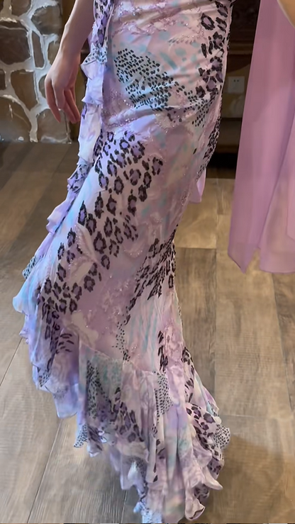 Reizendes lila, trägerloses Chiffon-Meerjungfrauen-Ballkleid mit Leopardenmuster P3793