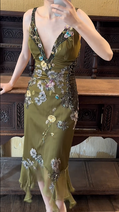 Vintage Smaragd Tief V-Ausschnitt Perlenbesetztes Satin Spitze Elegantes Abschlussballkleid P3794