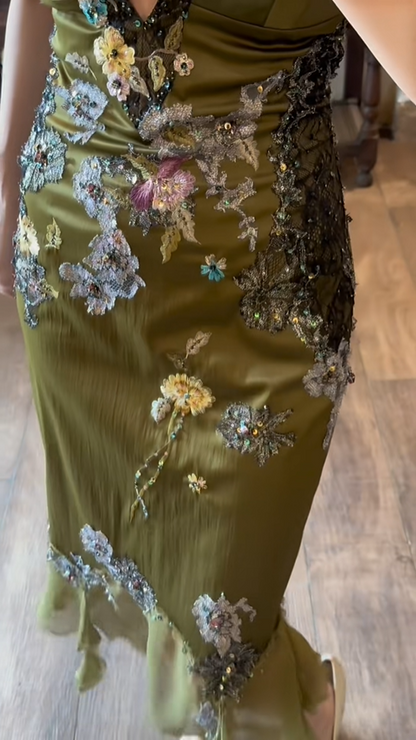 Vintage Smaragd Tief V-Ausschnitt Perlenbesetztes Satin Spitze Elegantes Abschlussballkleid P3794