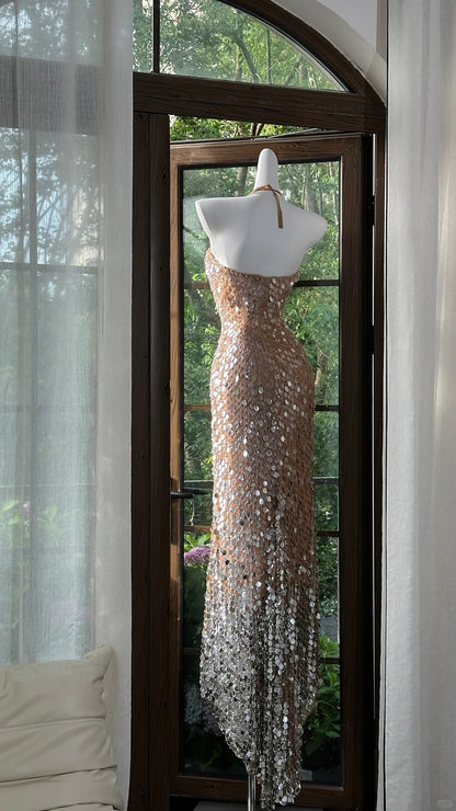 Shiny Halterneck Large Sequined Slit Mermaid Prom Dress P3796