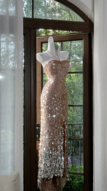 Shiny Halterneck Large Sequined Slit Mermaid Prom Dress P3796