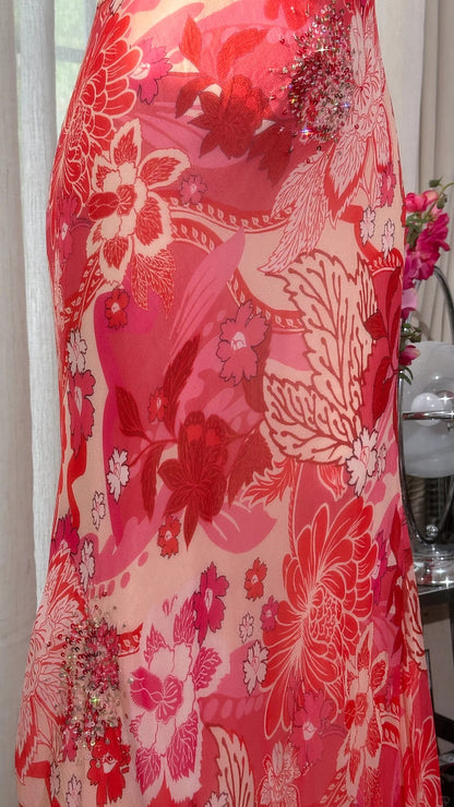 Wunderschönes bedrucktes V-Ausschnitt trägerloses Chiffon Meerjungfrauen-Ballkleid P3797